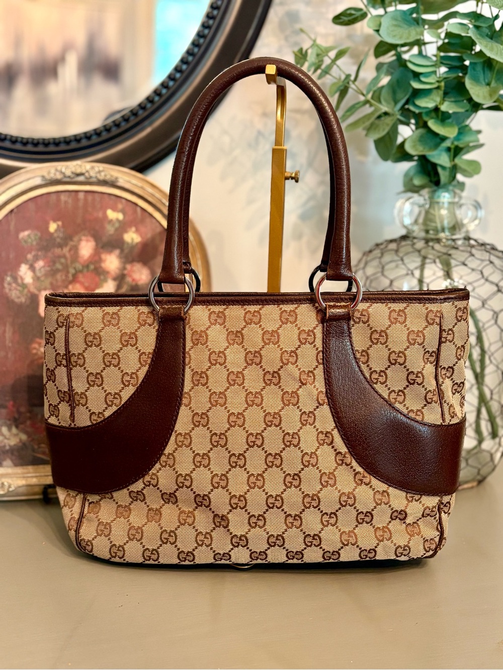 Gucci GG Canvas Tote Bag with Brown leather trim